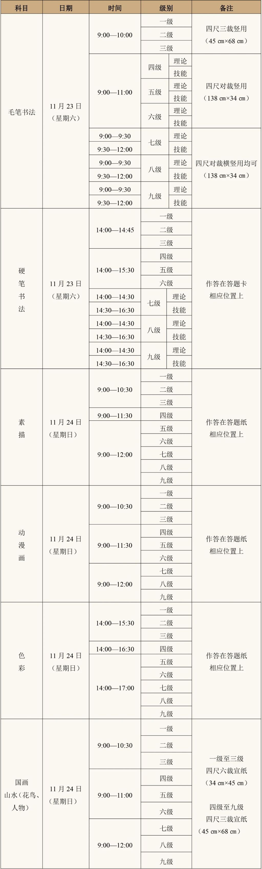 2024下半年书画等级考试科目+时间