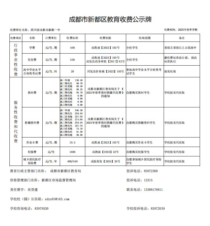 2025年四川省成都市新都一中春季学期教育收费公示