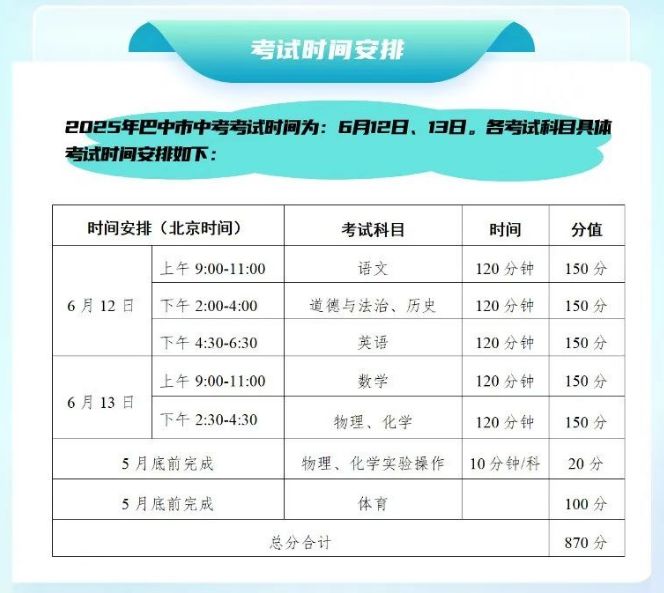 2025四川巴中市中考时间