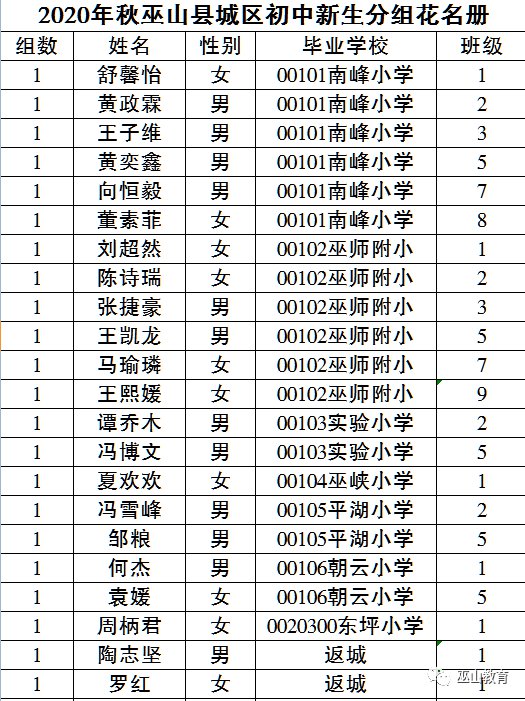 2020巫山城区初中新生分班情况