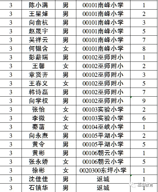 2020巫山城区初中新生分班情况