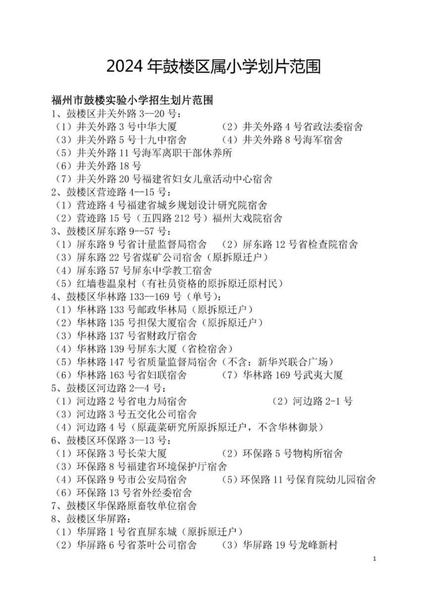 2024福州市鼓楼区小学招生划片范围