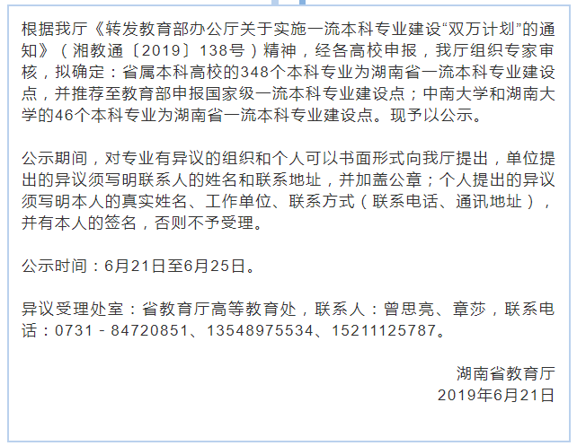 2019湖南一流本科专业348个建设点公示（名单）