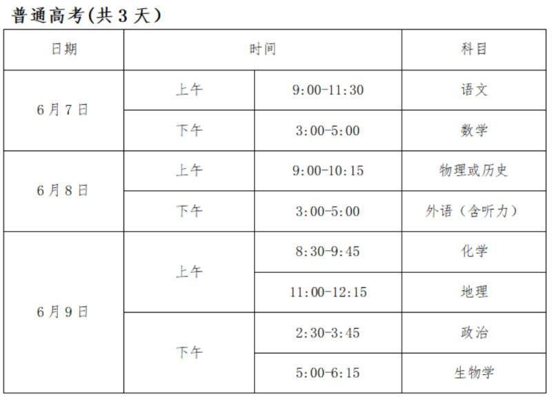 湖南2024高考时间安排（科目＋时间）