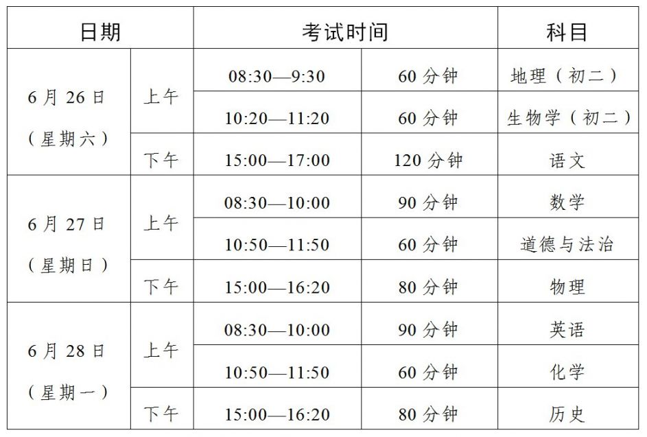 2021东莞初中学业水平考试时间