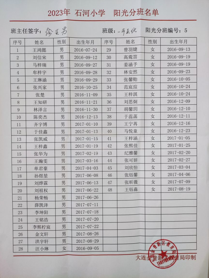 金州区石河小学2023级新生分班结果公布