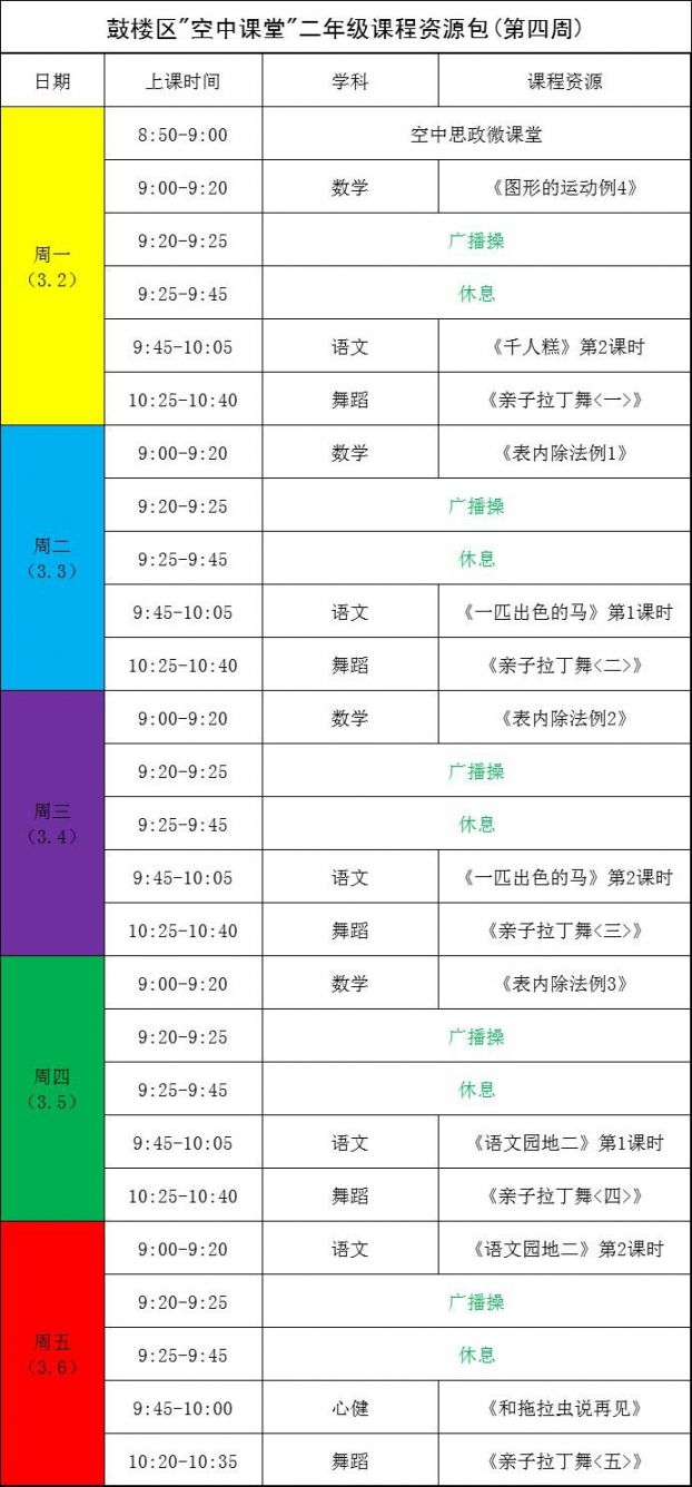 福州鼓楼区空中课堂课程表