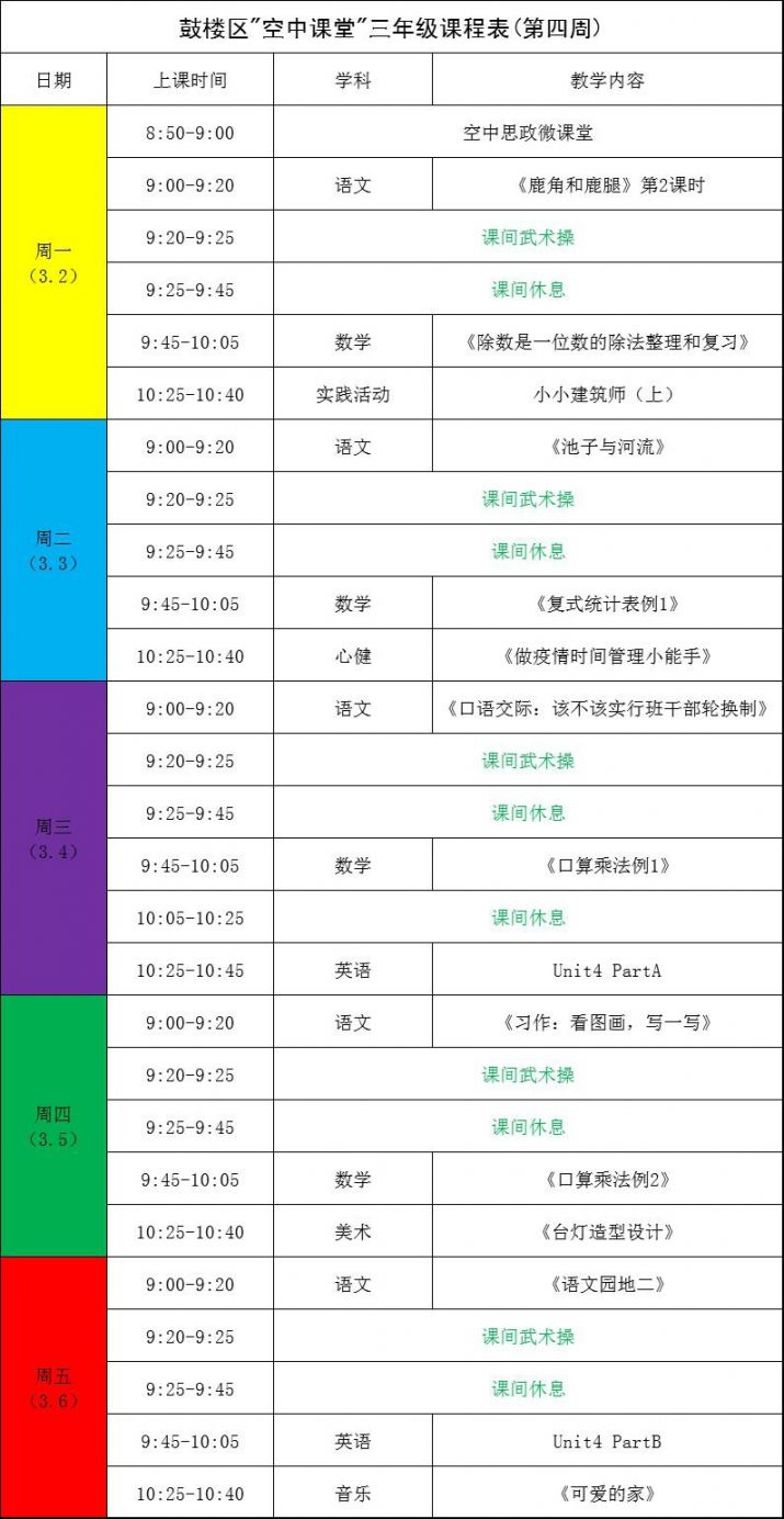 福州鼓楼区空中课堂课程表