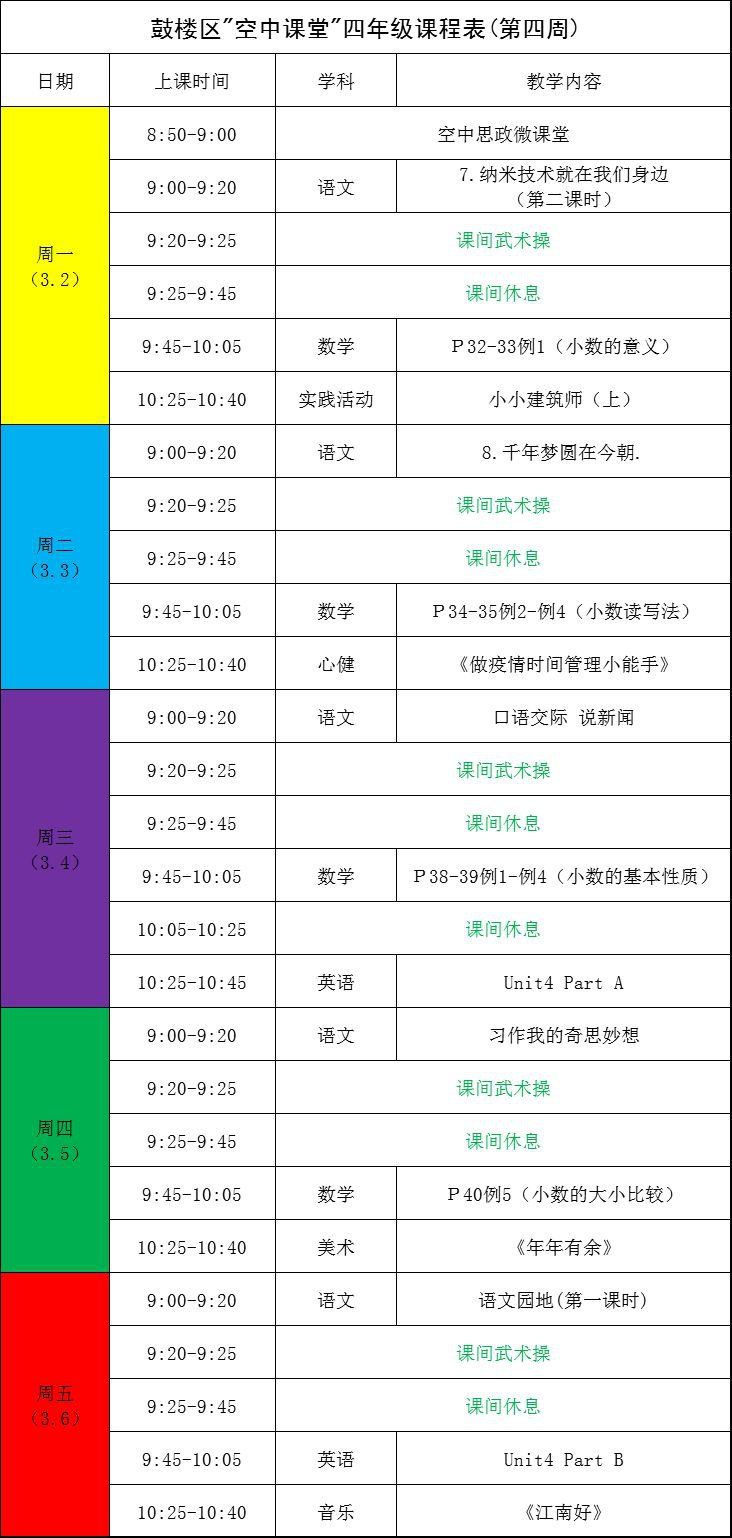福州鼓楼区空中课堂课程表
