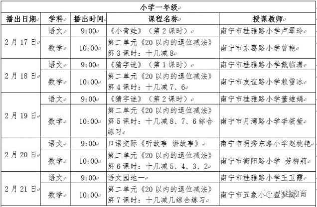 广西桂林空中课堂课程表(2.17—2.21)