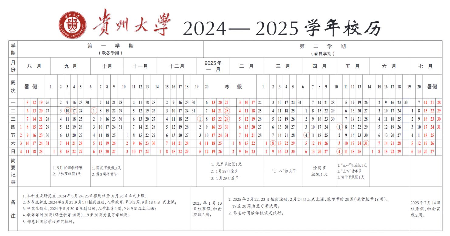 贵州大学2024-2025学年校历