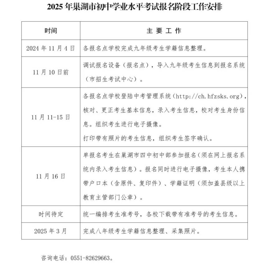 2025年巢湖市初中学业水平考试报名工作的通知