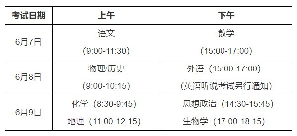 2021广东高考科目时间安排表