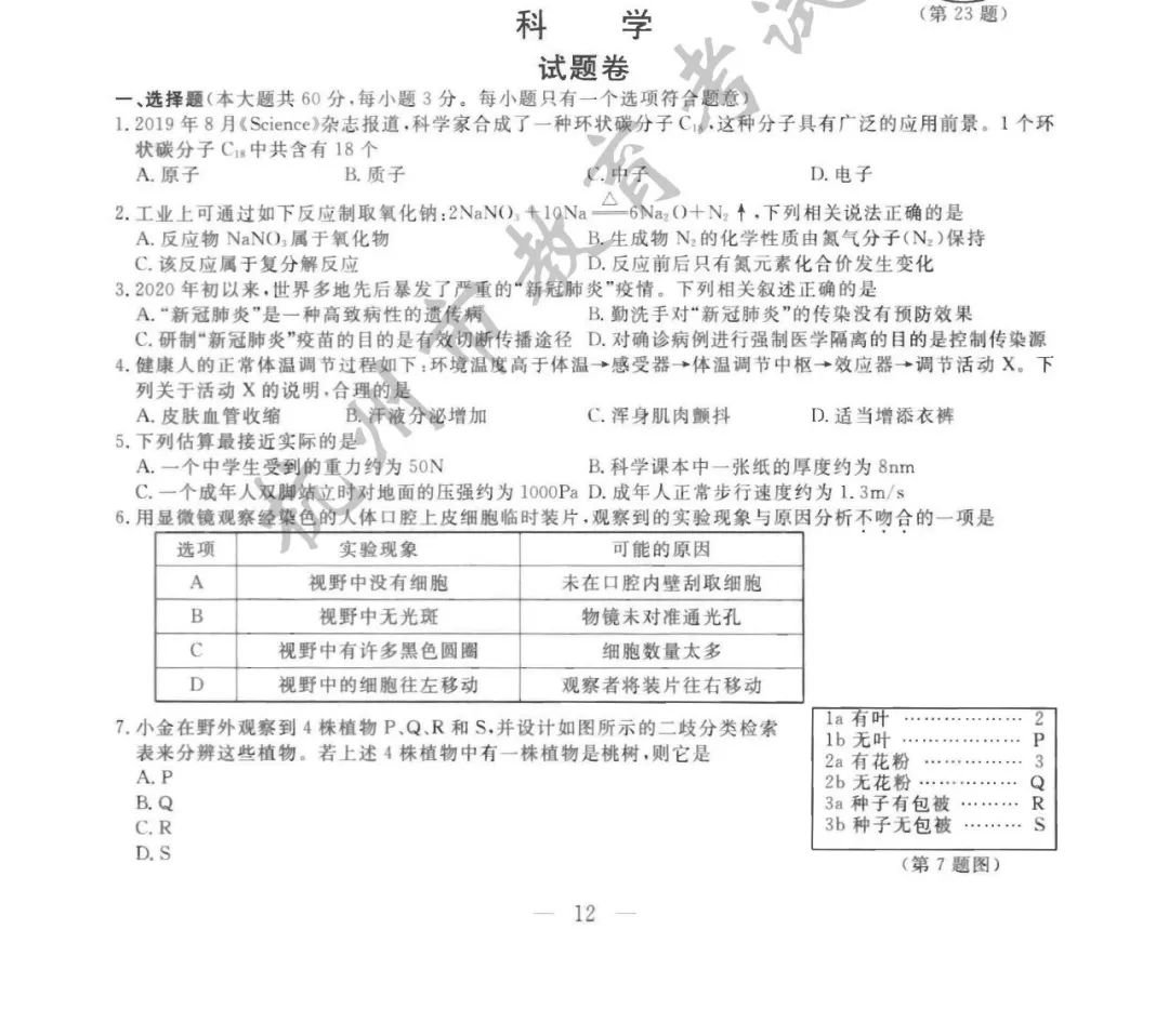 2020杭州中考科学试题答案一览