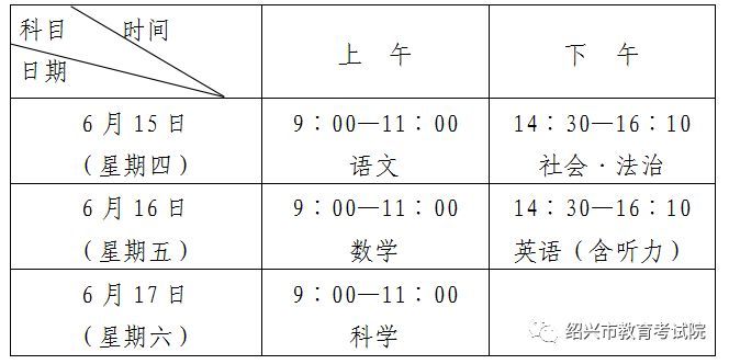 2023年绍兴市中考考试安排