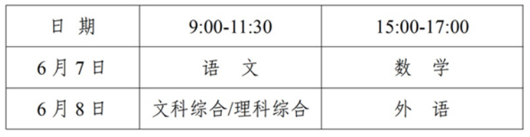 2022内江高考各科目考试时间