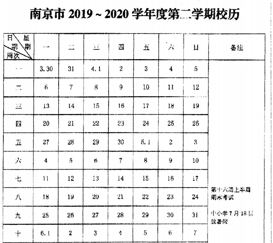 关于重新印发南京市2019至2020学年度第二学期校历的通知