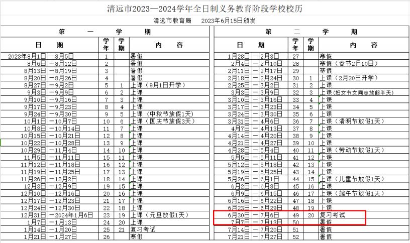 2024清远初中暑假放假时间