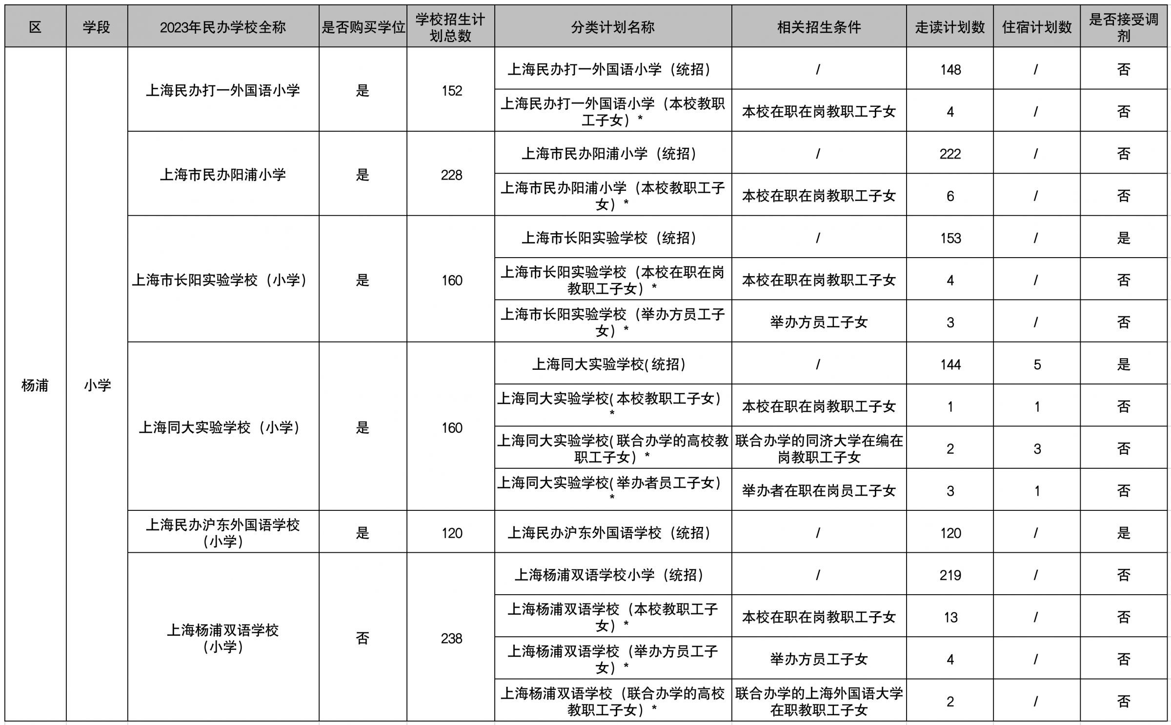 2023上海杨浦区民办小学招生计划