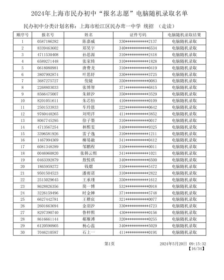 2024上海松江区小升初摇号录取名单及查询入口
