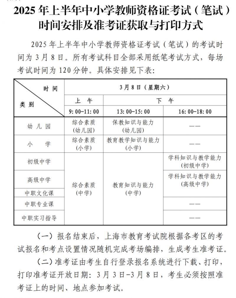 2025上半年中小学教师资格考试(笔试)上海考区报名公告