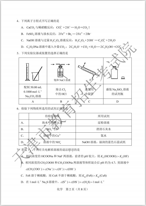 2020年高考天津卷化学科目考试试卷 答案