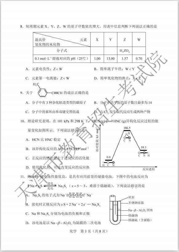 2020年高考天津卷化学科目考试试卷 答案