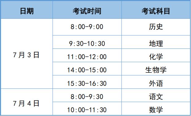 天津2025年7月普通高中学业水平合格性考试各科时间安排