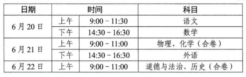 武汉中考考试时间一览表