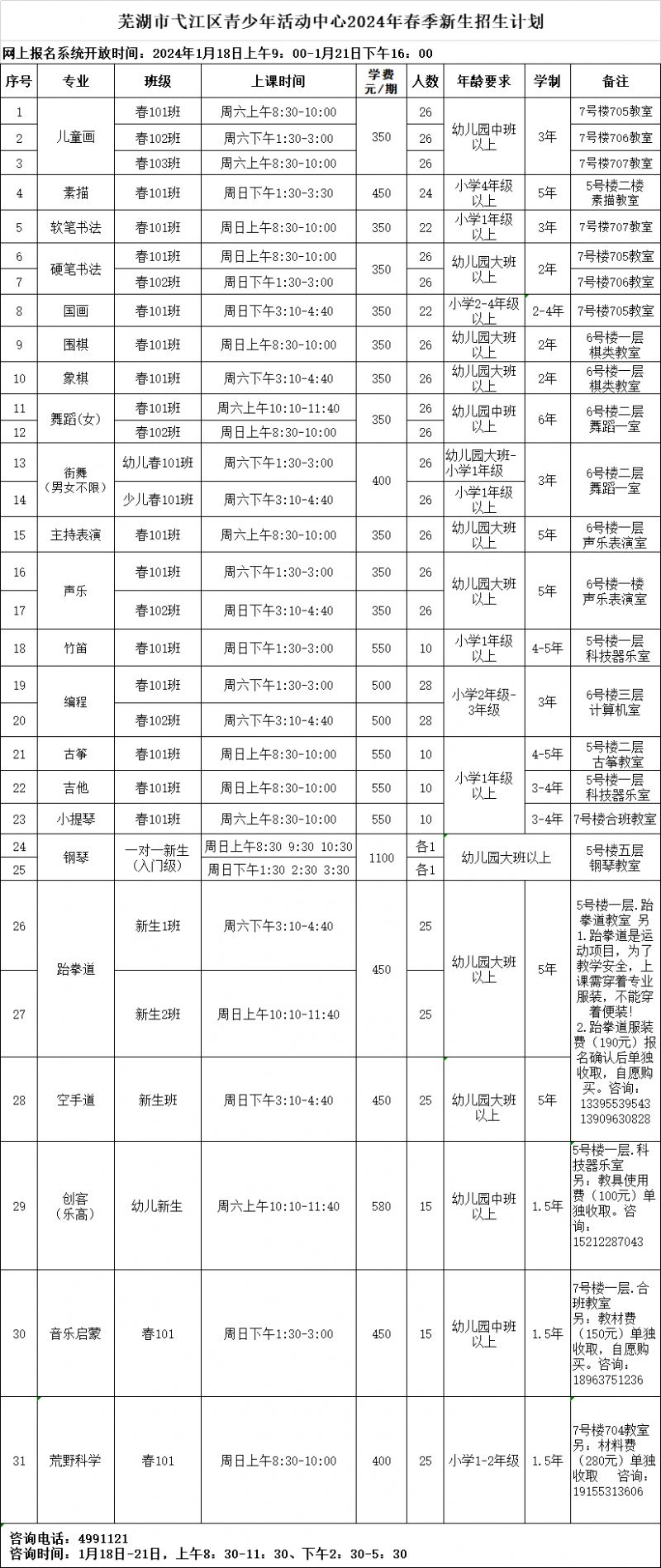 2024芜湖弋江区青少年活动中心招生指南