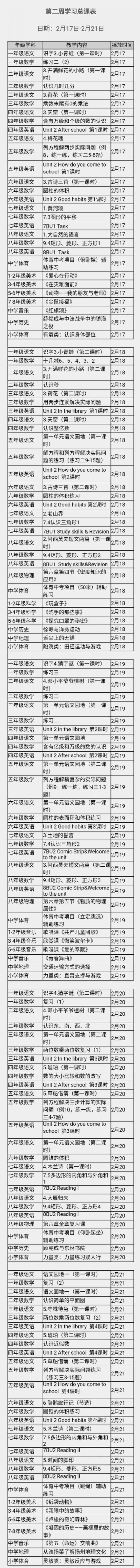 无锡梁溪名师在线第二周课表