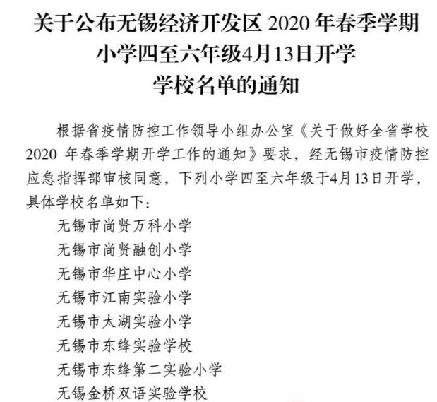 2020无锡经开区小学四至六年级4月13日开学学校名单