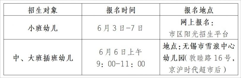 2023无锡市雪浪中心幼儿园招生公告