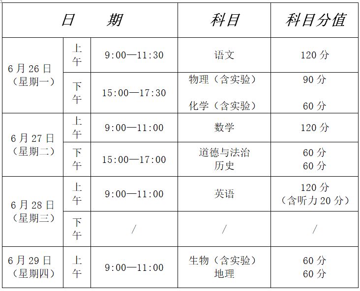 2023西宁中考时间及科目