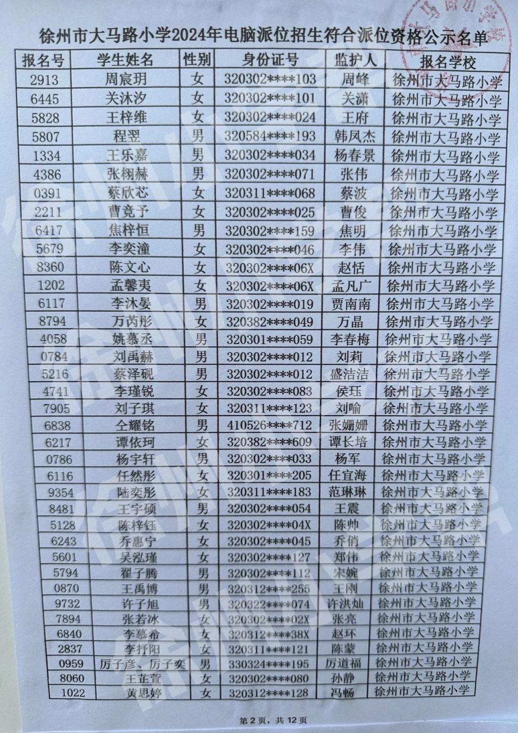 徐州大马路小学2024电脑派位资格名单