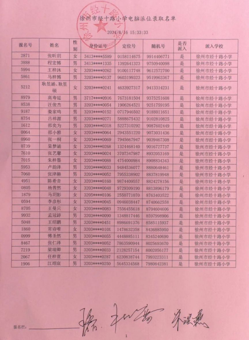 2024年徐州市经十路小学电脑派位录取名单公示