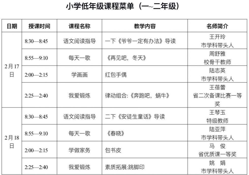 盐城小学1~2年级网络学堂课程发布（2月17日—2月28日）