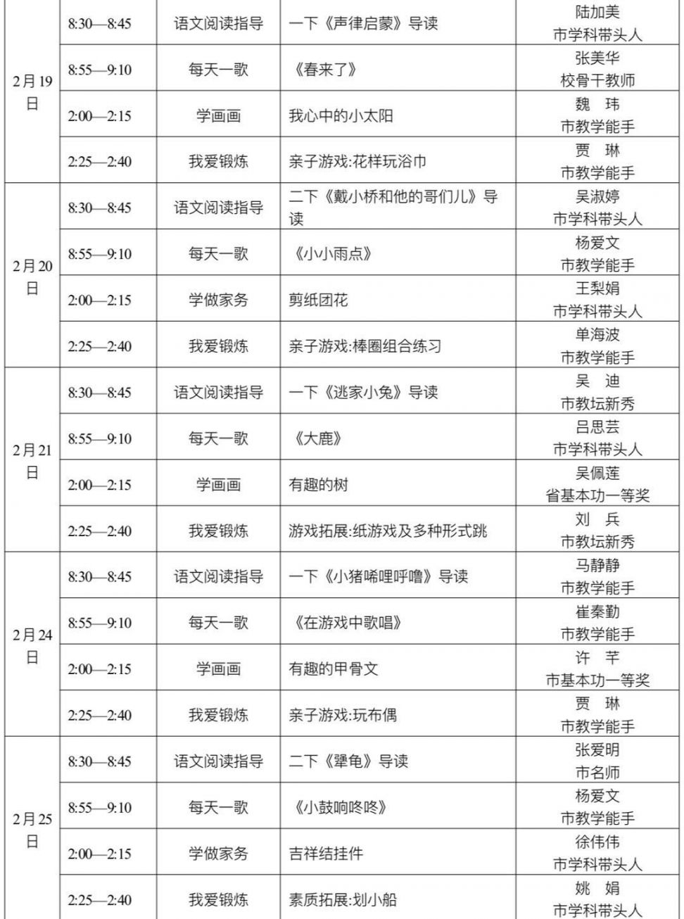 盐城小学1~2年级网络学堂课程发布（2月17日—2月28日）