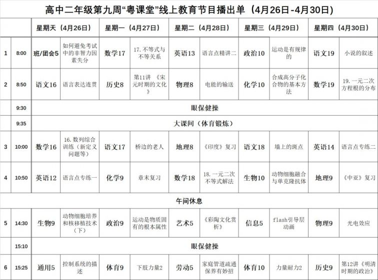 2020年广东粤课堂中小学线上教育节目播出单(每周更新)