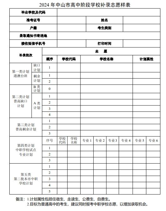 2024中山中考高中阶段学校补录志愿样表（附下载入口）