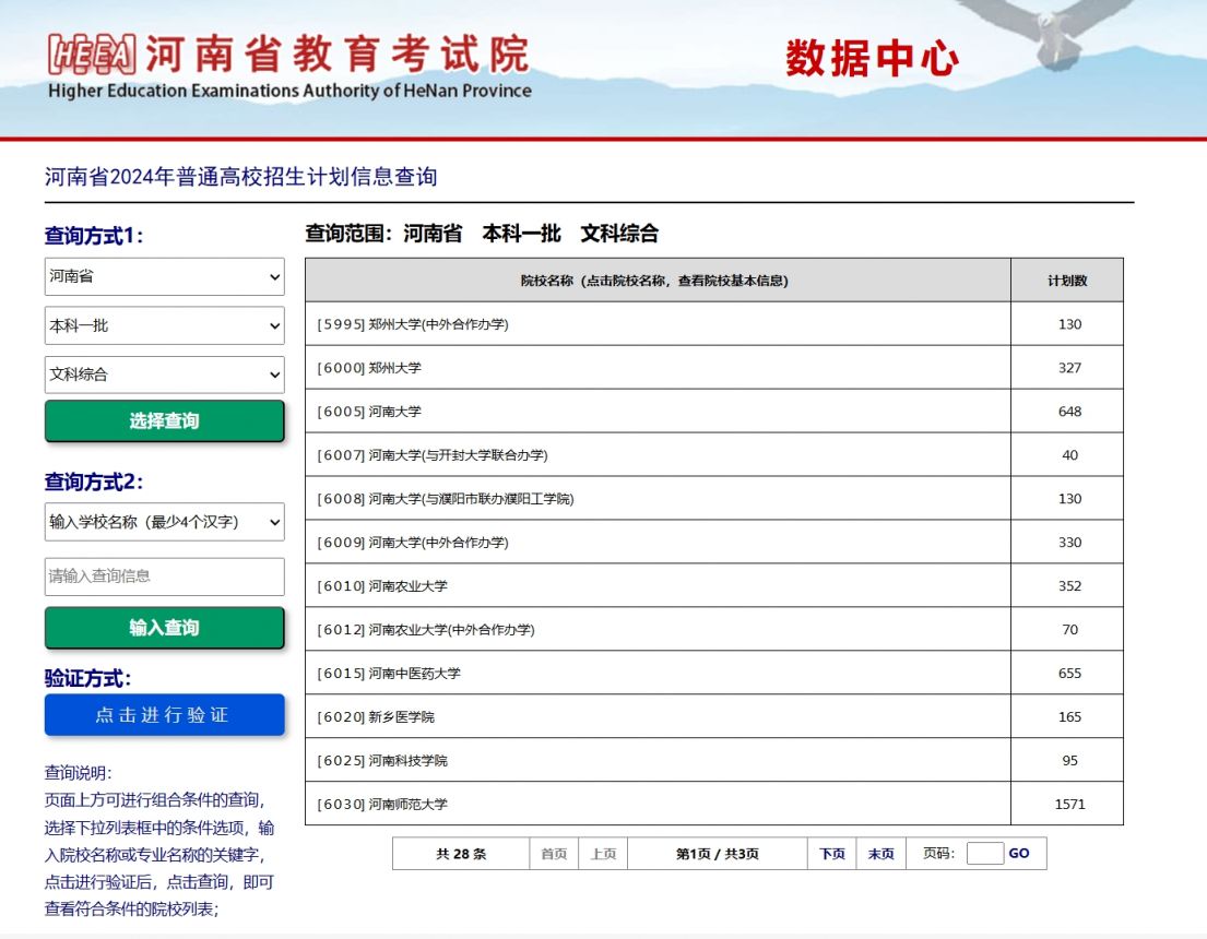 2024年在河南招生高校院校代码查询